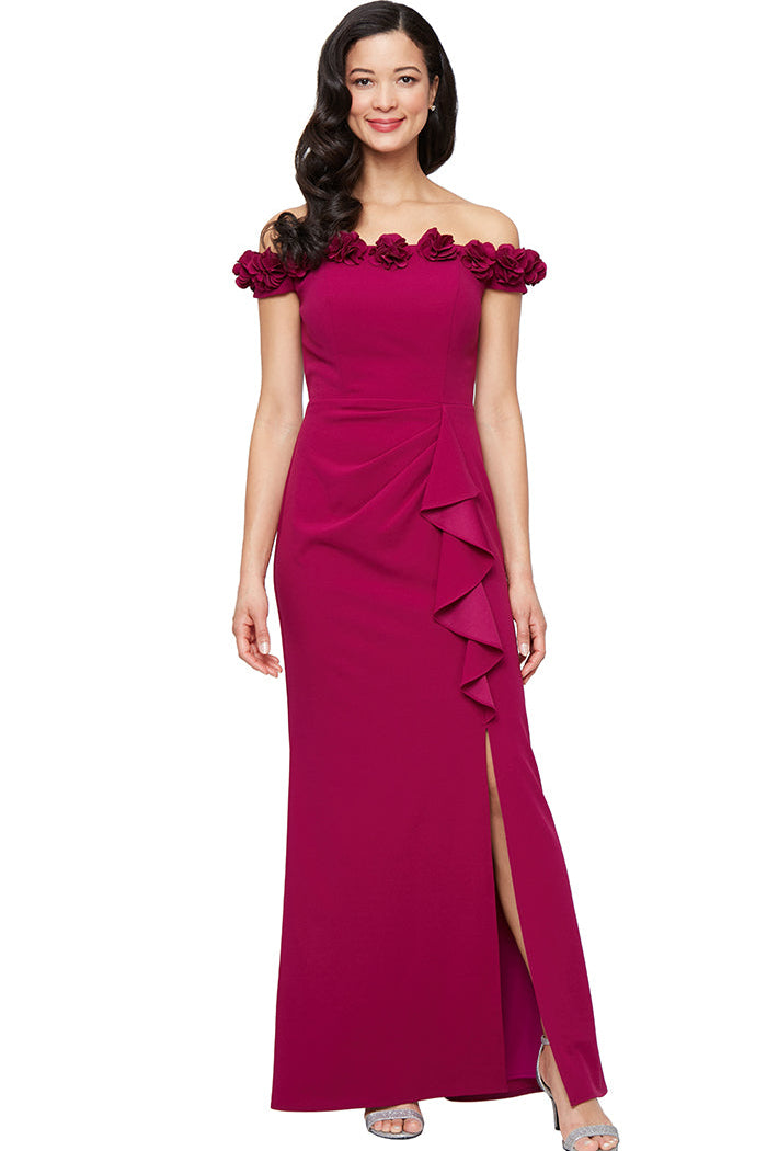 Off Shoulder Dress w 3D Flower Neckline | Black, Aubergine, Royal, Blossom, Dark Fuschia