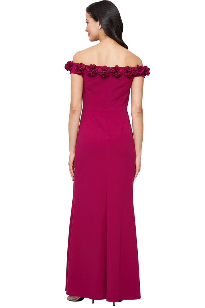 Off Shoulder Dress w 3D Flower Neckline | Black, Aubergine, Royal, Blossom, Dark Fuschia