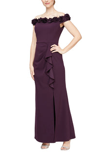 Off Shoulder Dress w 3D Flower Neckline | Black, Aubergine