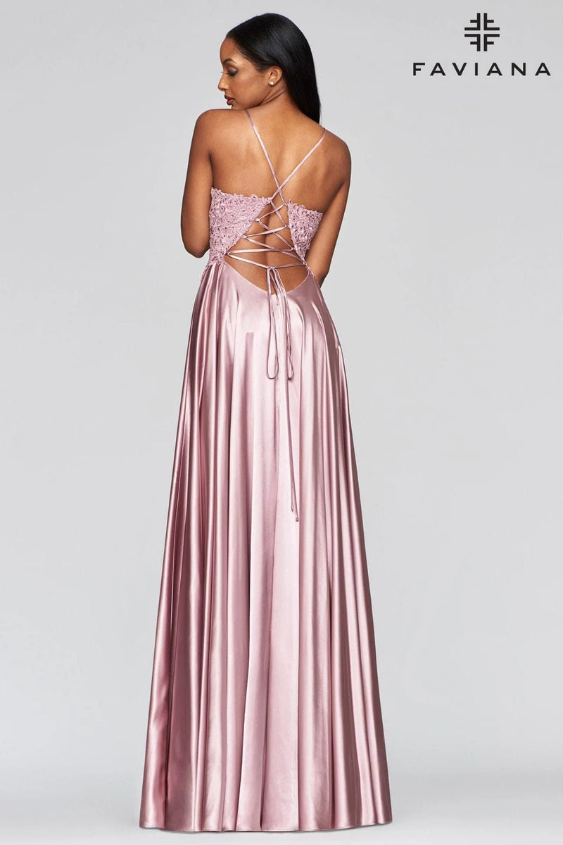 Faviana S10400 Satin Beaded Gown with Lace-up Back