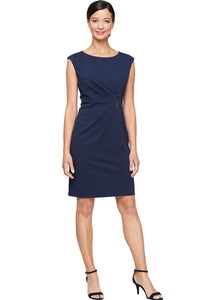 Short Stretch Crepe Dress w/ Overlay | Navy