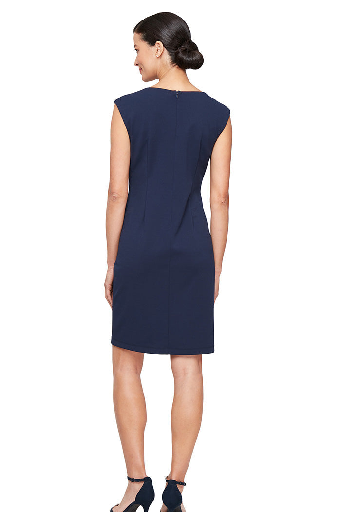 Short Stretch Crepe Dress w/ Overlay | Navy