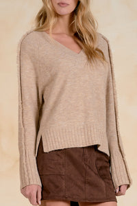 V-Neck Sweater with Frayed Sleeve | Stone