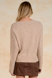 V-Neck Sweater with Frayed Sleeve | Stone