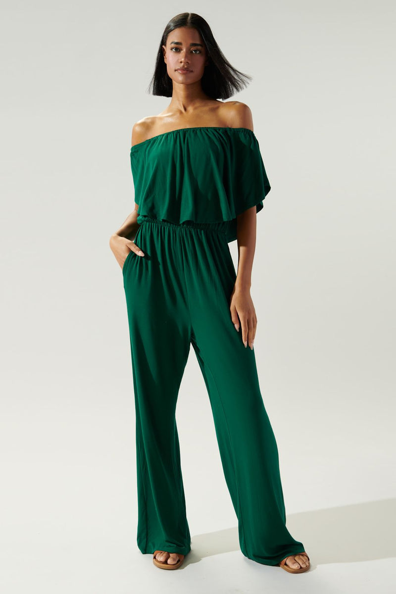 Sharpay Jersey Knit Off The Shoulder Jumpsuit | Emerald