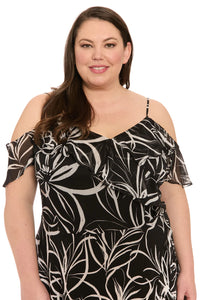 Cold Shoulder Ruffle Wrap Maxi Dress | Black/White