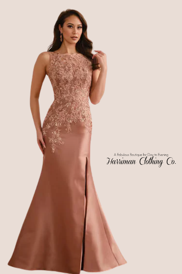 Social Occasion UM204 Boatneck Lace Mikado Gown with Detachable Sleeves
