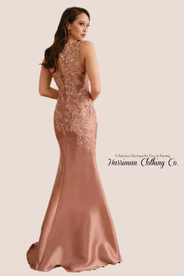 Social Occasion UM204 Boatneck Lace Mikado Gown with Detachable Sleeves