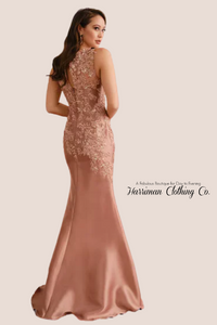 Social Occasion UM204 Boatneck Lace Mikado Gown with Detachable Sleeves