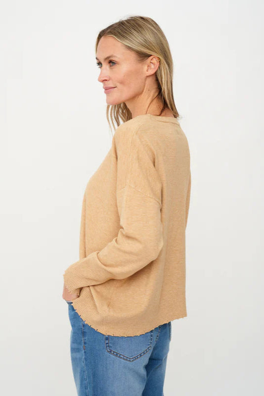 Angii Frayed Crew Neck Sweater | Camel