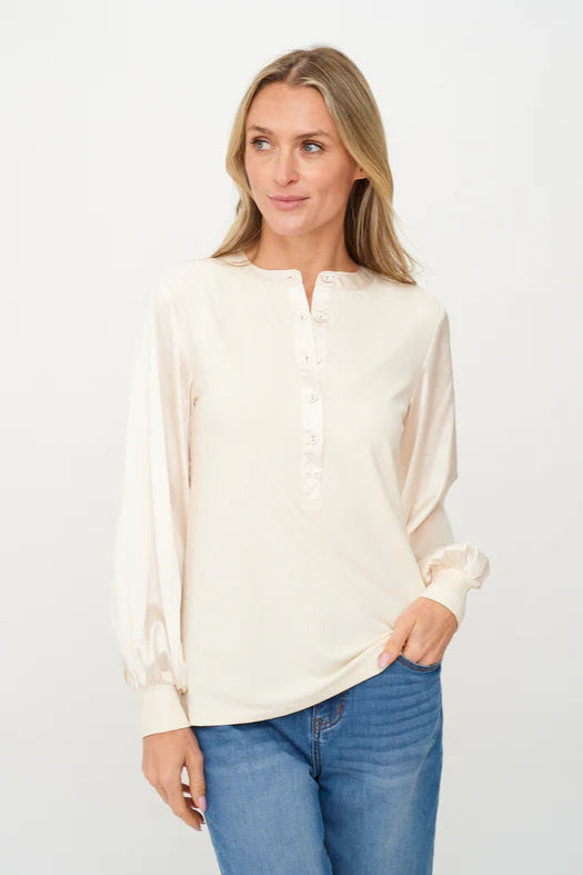 Janie Ribbed Satin Sleeve Top | Pearl