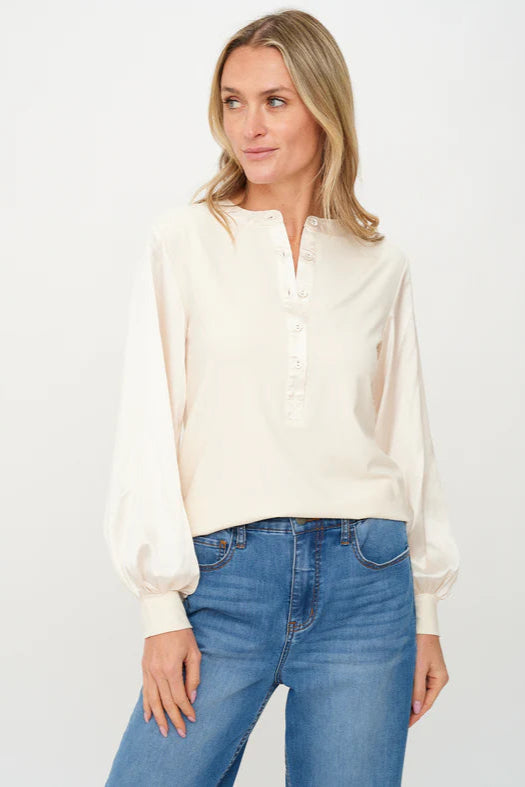 Janie Ribbed Satin Sleeve Top | Pearl