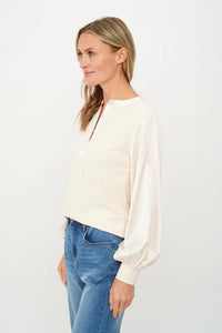 Janie Ribbed Satin Sleeve Top | Pearl
