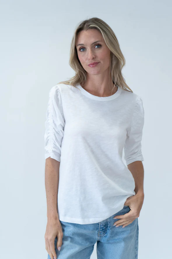 3/4 Sleeve Ruched Maria Tee | White