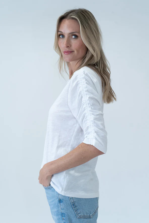 3/4 Sleeve Ruched Maria Tee | White