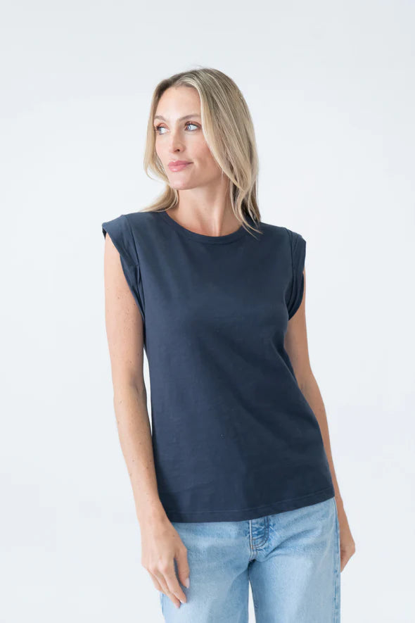 Twisted Cap Sleeve Caroline Tee | Navy