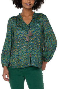 Tie Front Popover Shirred Blouse | Emerald Ikat, Black