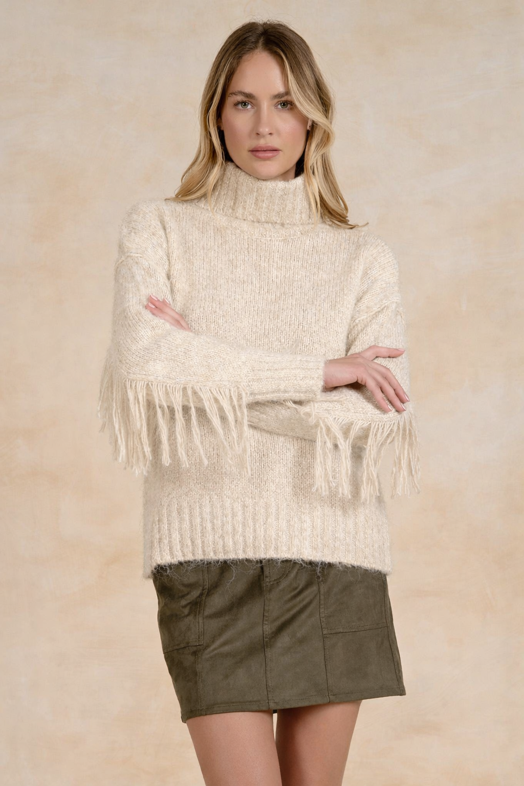 Fringe Turtleneck Sweater | Stone