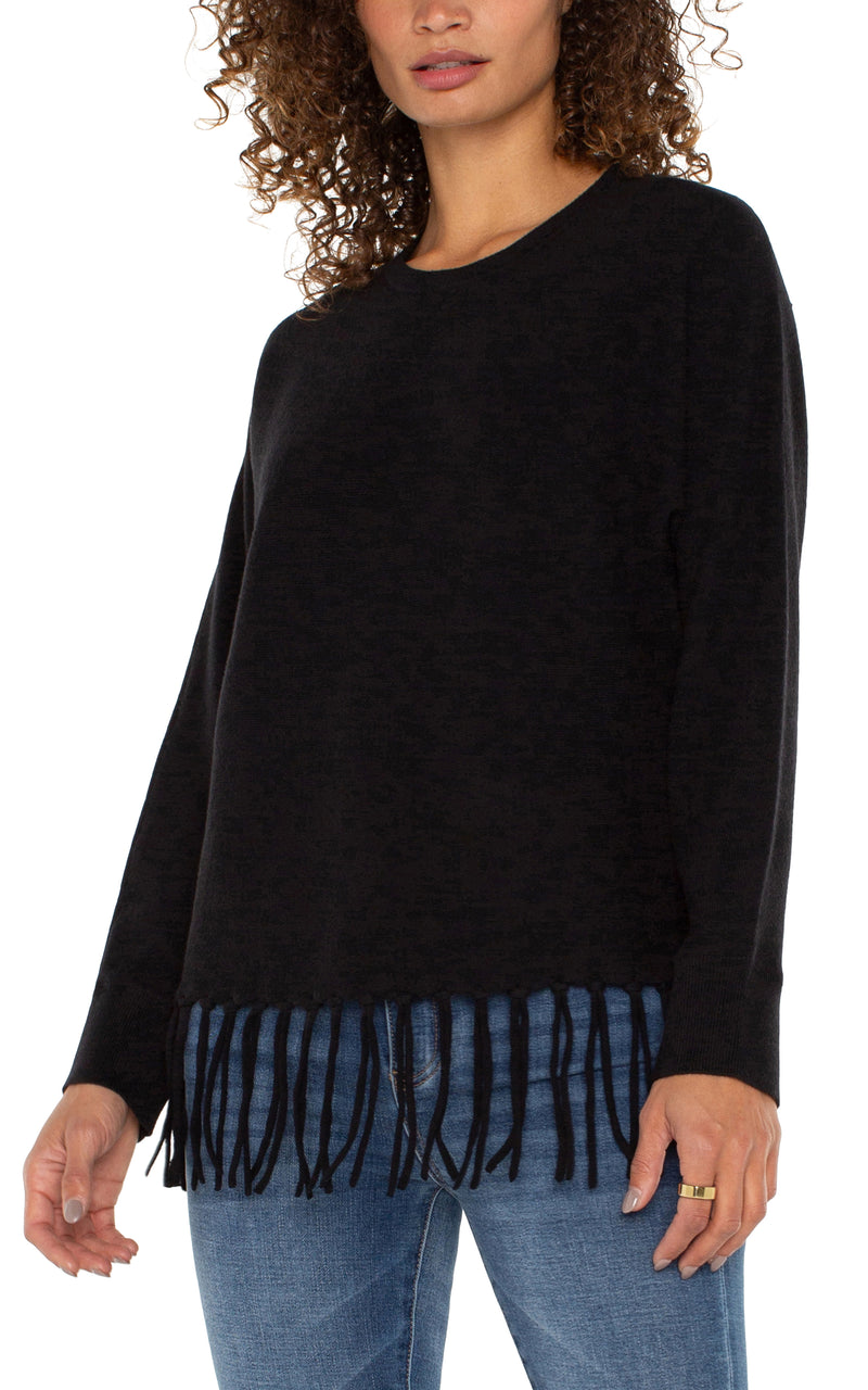 Dolman Sleeve Fringe Sweater | Black