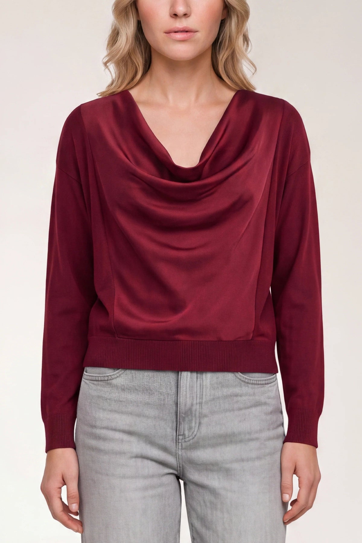 Long-Sleeve Drape Neck Woven Hybrid Sweater | Cranberry