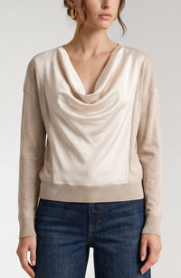 Long-Sleeve Drape Neck Woven Hybrid Sweater | Java Melange, Champange Melange