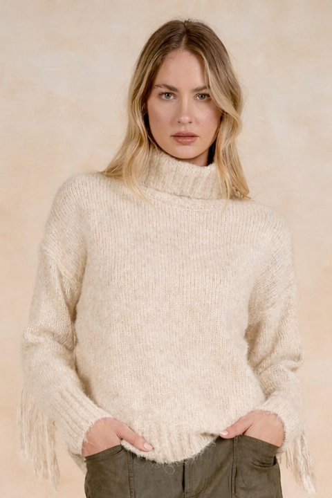 Fringe Turtleneck Sweater | Stone