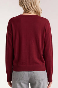 Long-Sleeve Drape Neck Woven Hybrid Sweater | Cranberry
