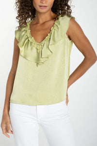 Ruffle Front Sleeveless Woven Knit Top | Whipped Cream, Lime Crema