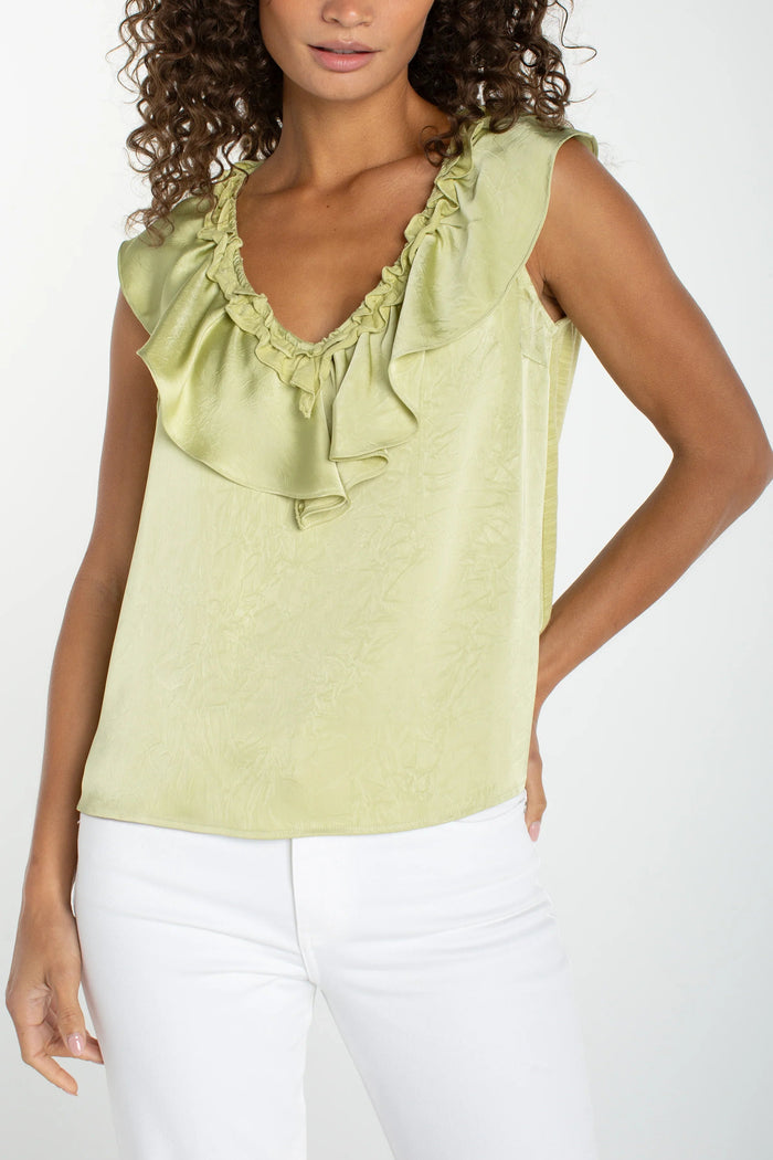 Ruffle Front Sleeveless Woven Knit Top | Whipped Cream, Lime Crema