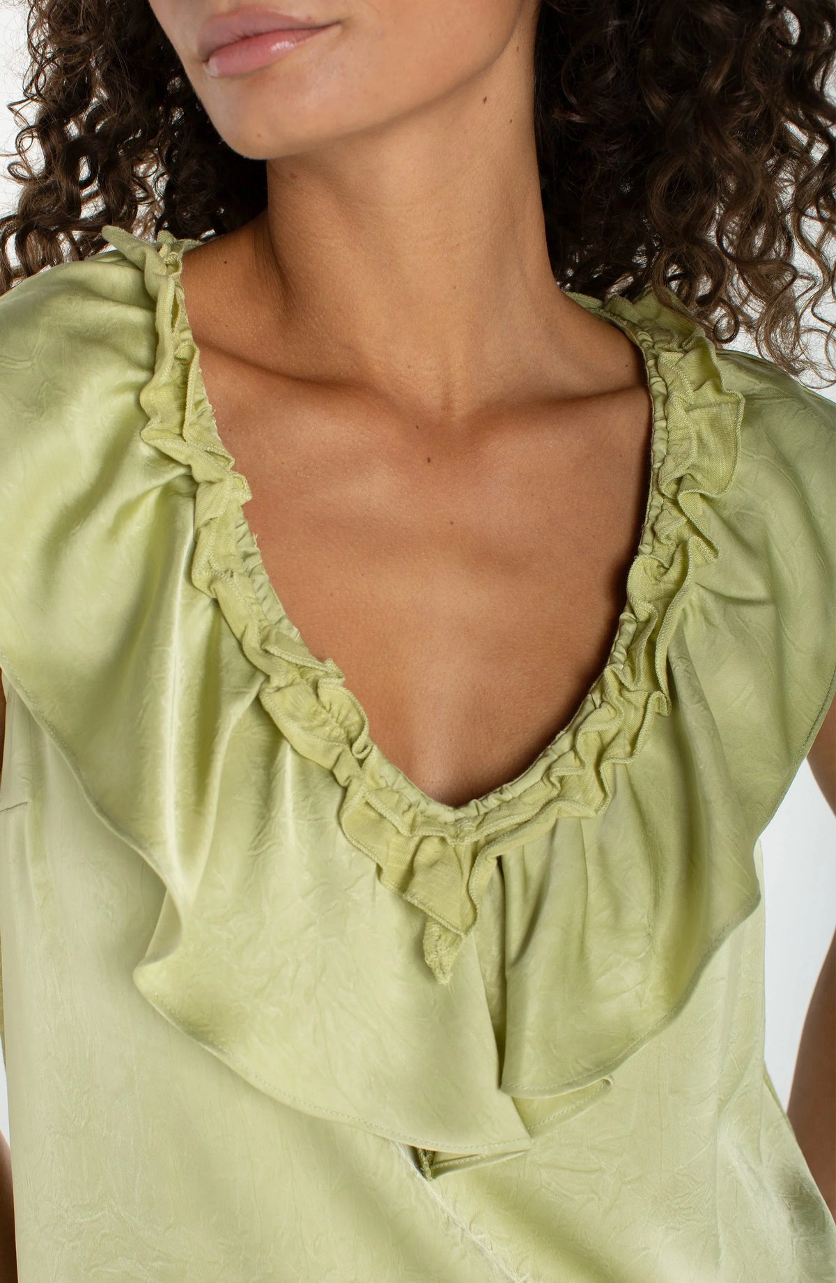 Ruffle Front Sleeveless Woven Knit Top | Whipped Cream, Lime Crema