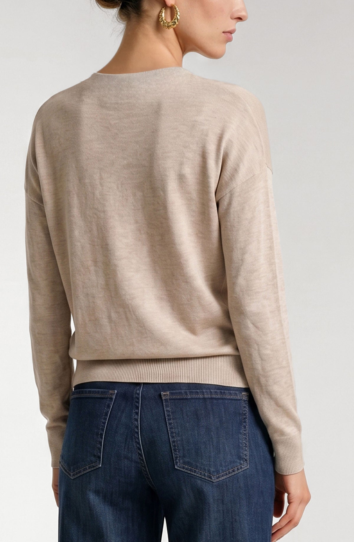 Long-Sleeve Drape Neck Woven Hybrid Sweater | Java Melange, Champange Melange