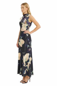 Printed Floral Halter Cowl Neck Dress | Black/Cream