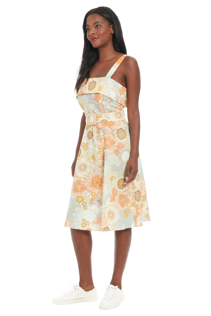 Foldover Neck Belted Floral Dress | Light Peach