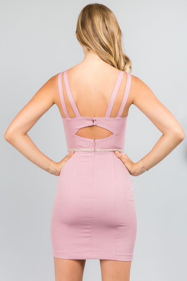 Beaded Waist V-Neck Dress | Navy & Pink