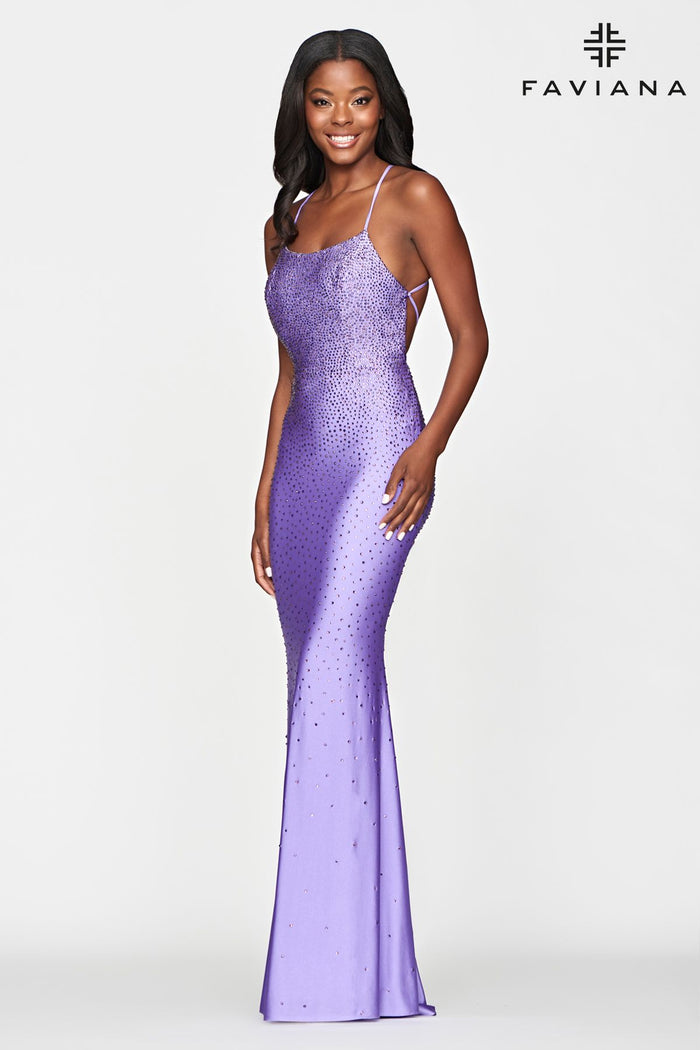 Faviana S10506 Scoop-Neck Hotstone Fit & Flare Gown With Lace-Up Back | Lilac, Royal, Hot Pink, Sunburst Orange