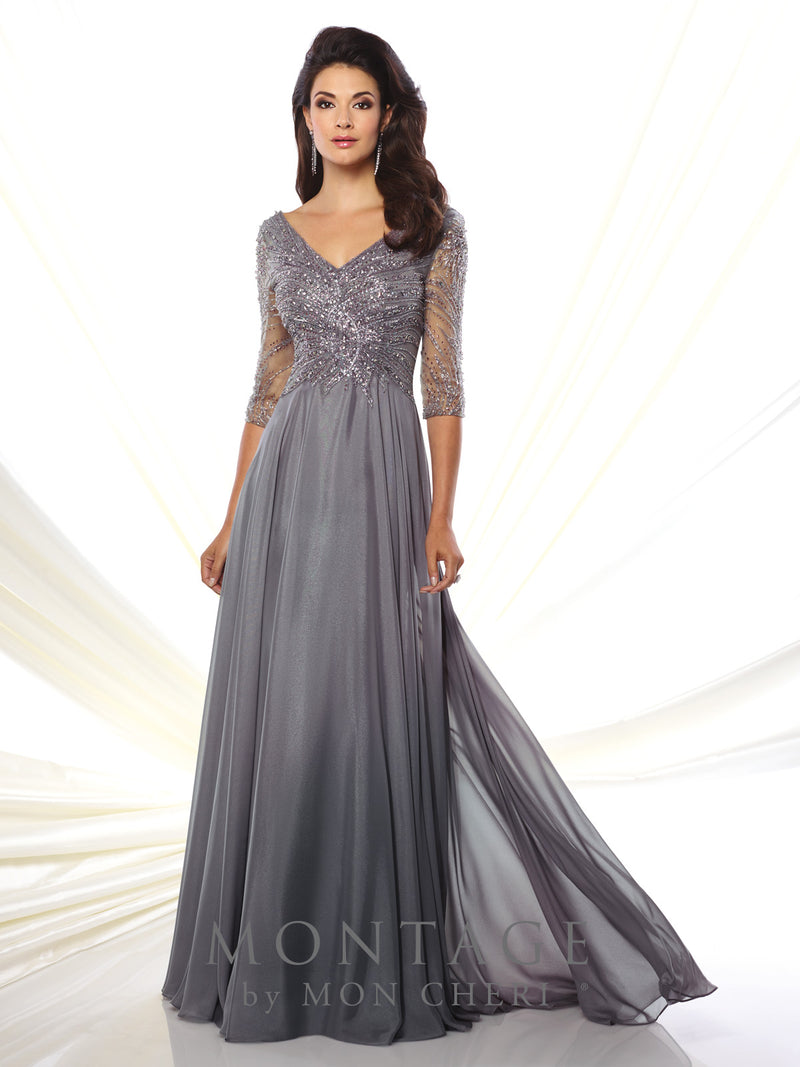 Montage 116950 Beaded Chiffon A-Line Gown with Fully beaded 3/4 sleeve and V-Neckline