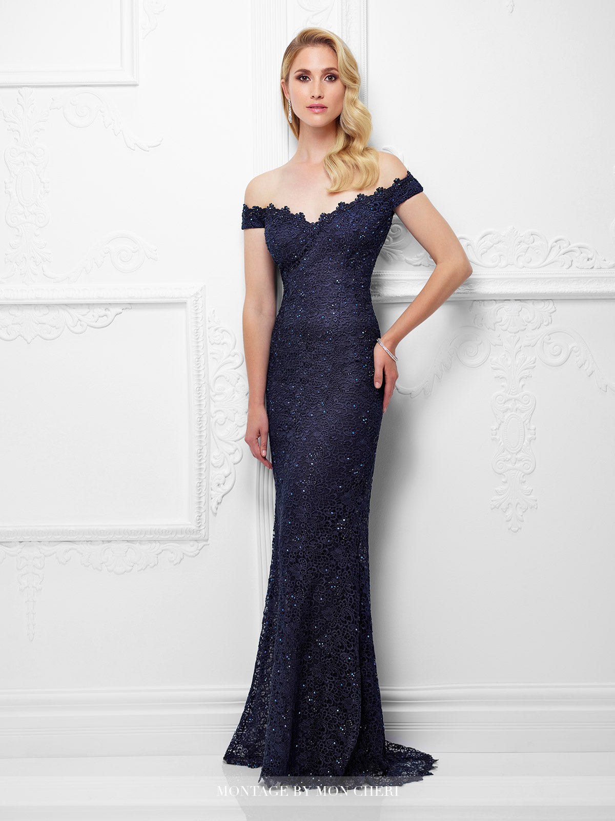 Montage 117920 Off The Shoulder Fit And Flare Beaded Lace Gown