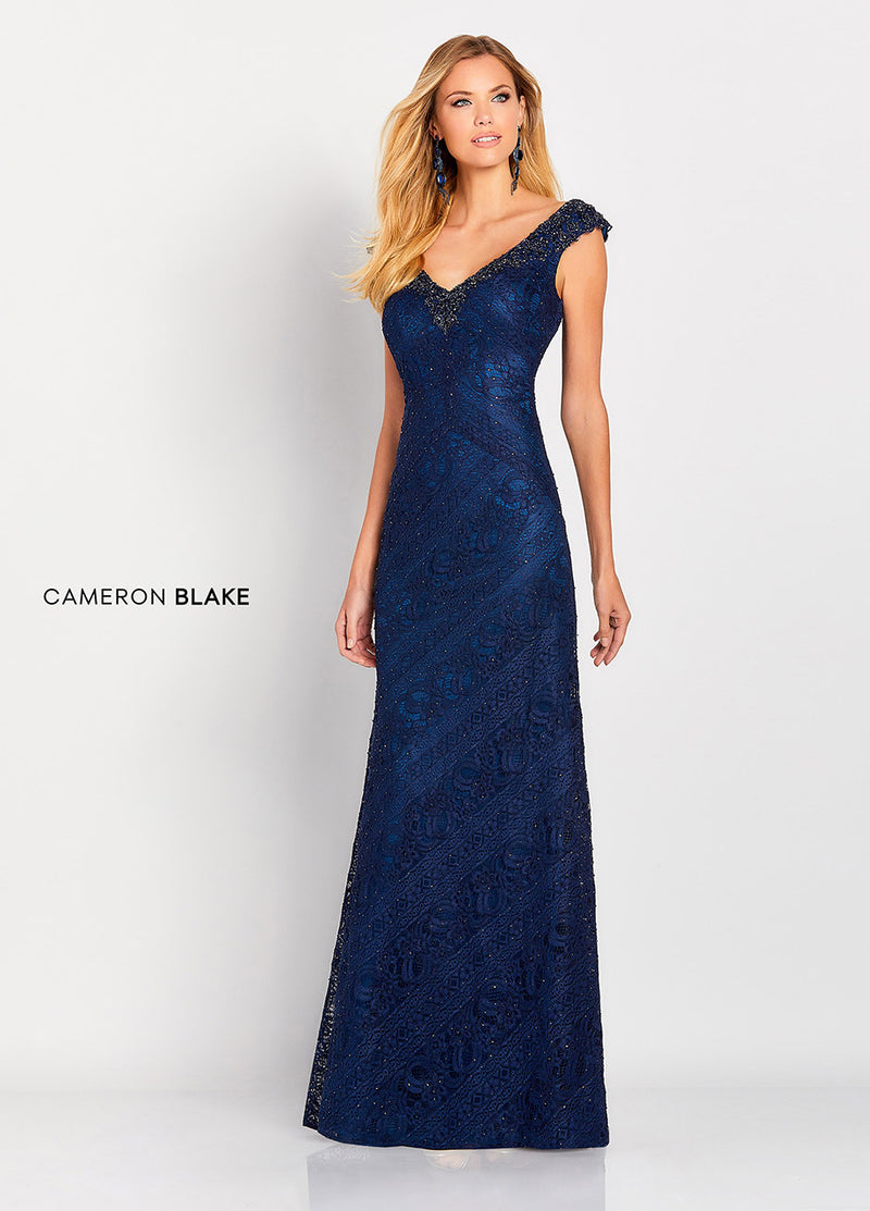 Cameron Blake 119661 Slim A-Line Lace Gown with Beaded V-neckline and Small Cap Sleeve