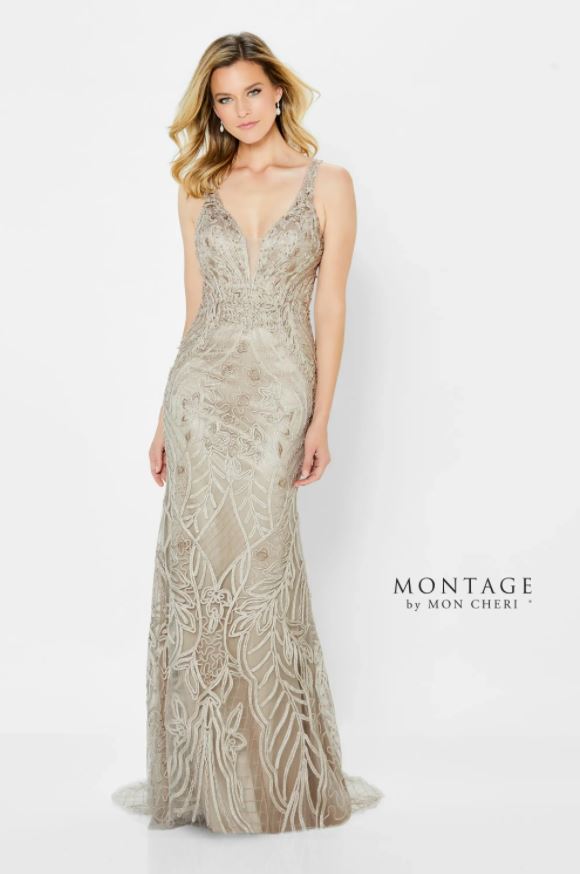 Montage 122904 V Neck Fit and Flare 2 Way Strap Soutache Gown