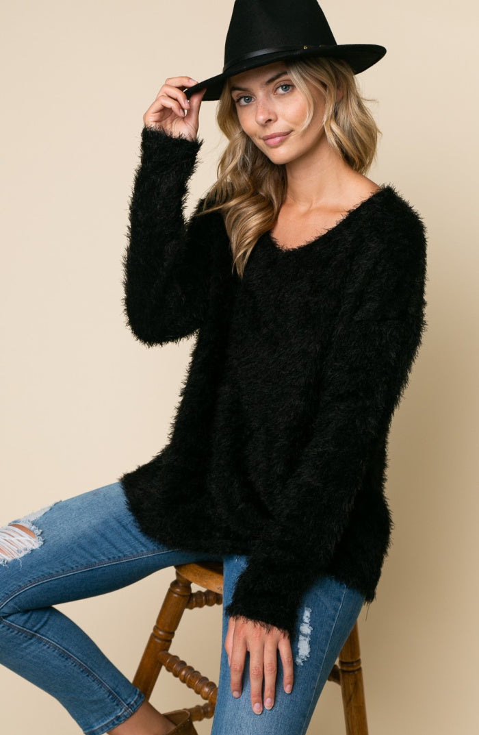 V-Neck Long Sleeve Fuzzy Sweater With Hi-Low Hemline | Black