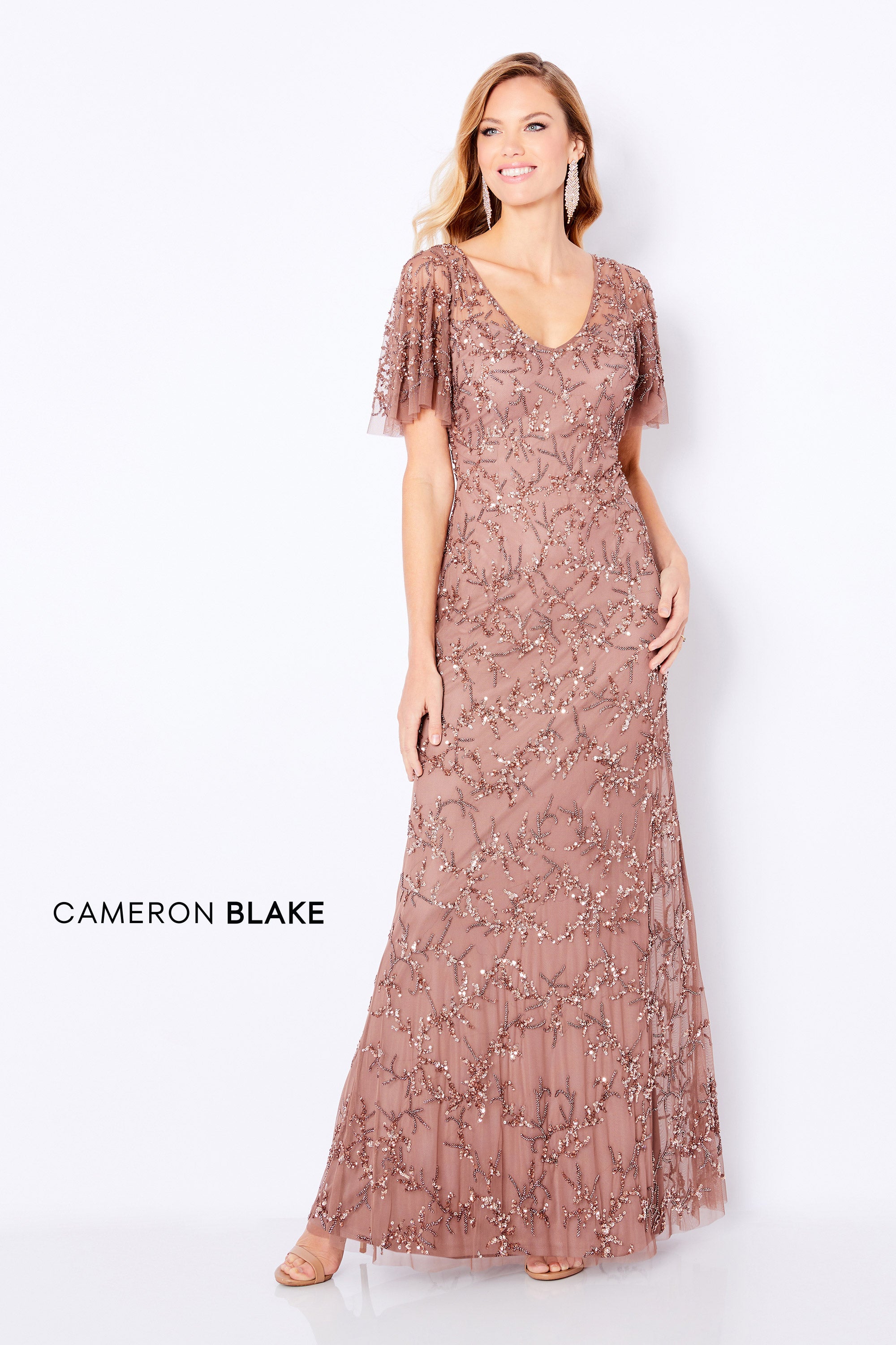 Cameron Blake 221681 Beaded Flutter Sleeve V-Neck Gown – Harriman