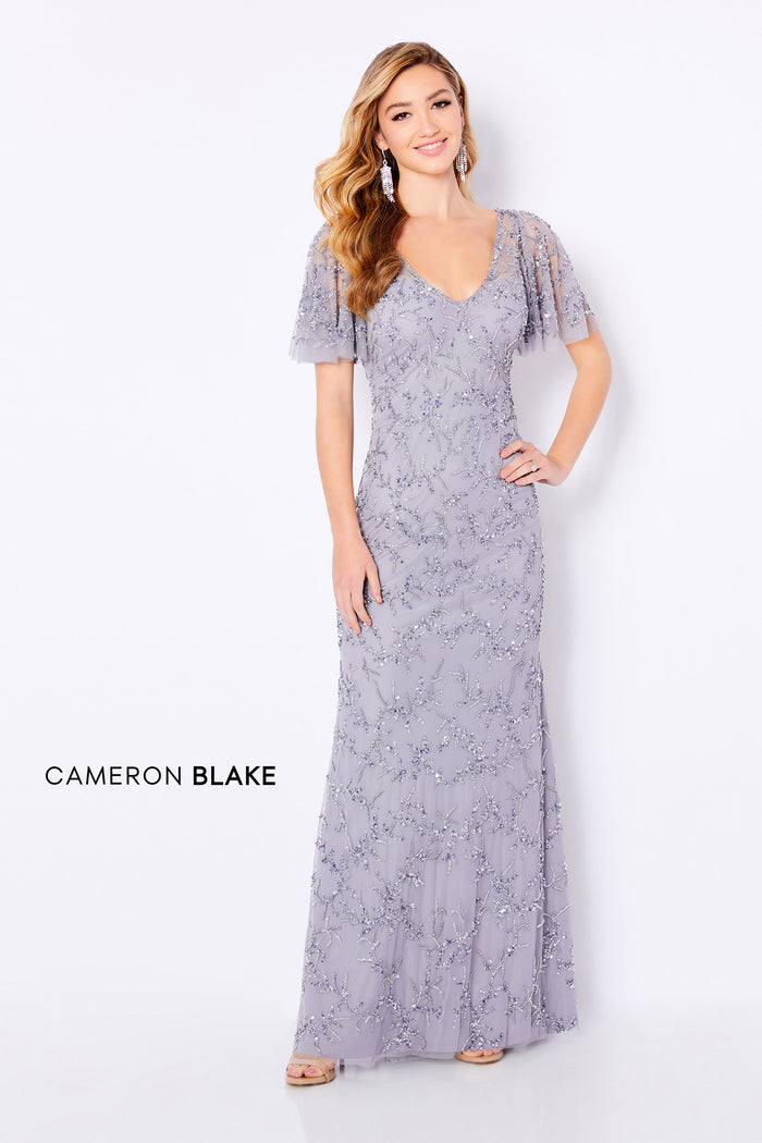Cameron Blake 221681 Beaded Flutter Sleeve V-Neck Gown