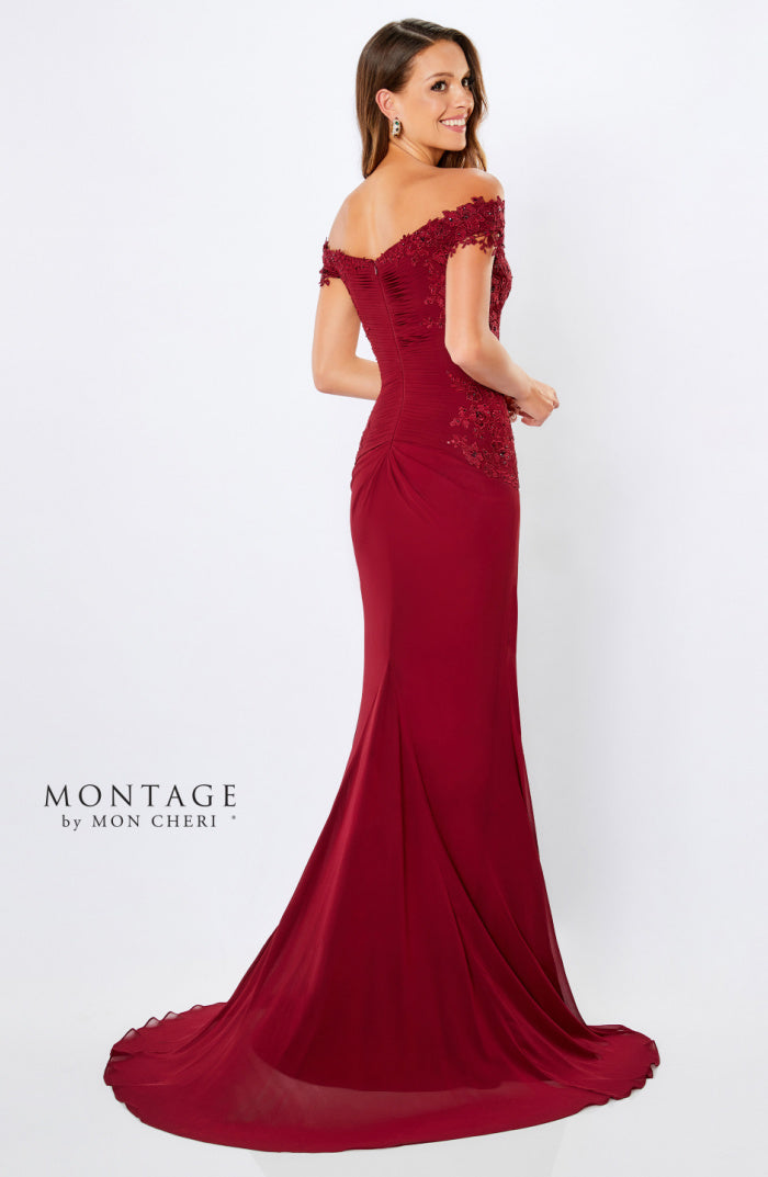 Montage 221964 Rouched Chiffon Off The Shoulder Gown With Lace Applique