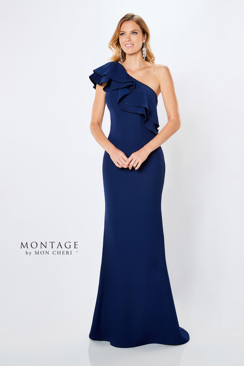 Montage 221975 Ruffle One Shoulder Crepe Gown