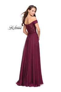 La Femme 25129 Off The Shoulder Lace with Chiffon Gown | Garnet