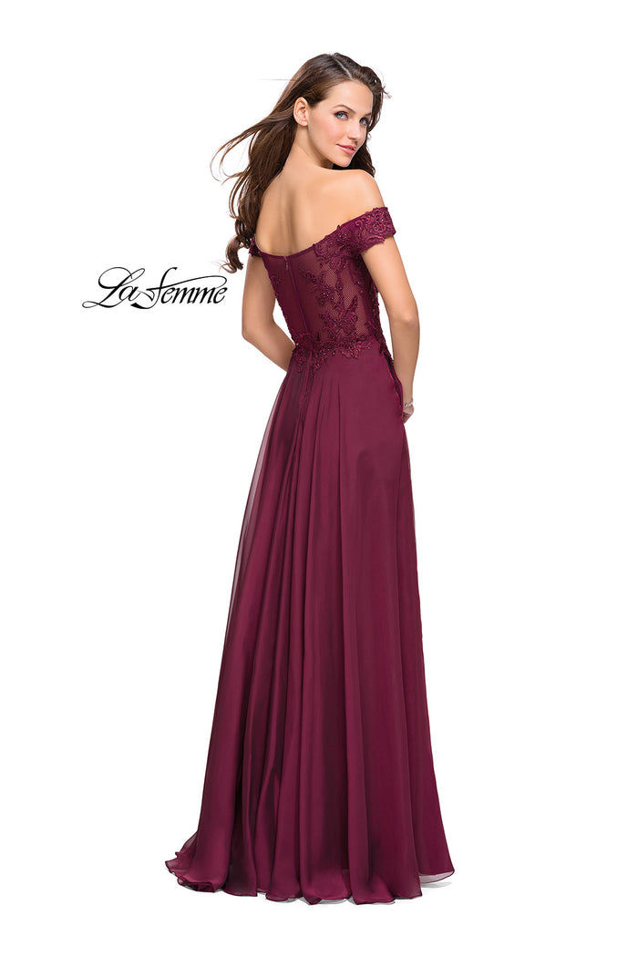 La Femme 25129 Off The Shoulder Lace with Chiffon Gown | Garnet