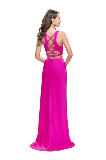 La Femme 25599 Two Piece Satin Criss Cross Back with Slit Front Skirt | Hot Pink