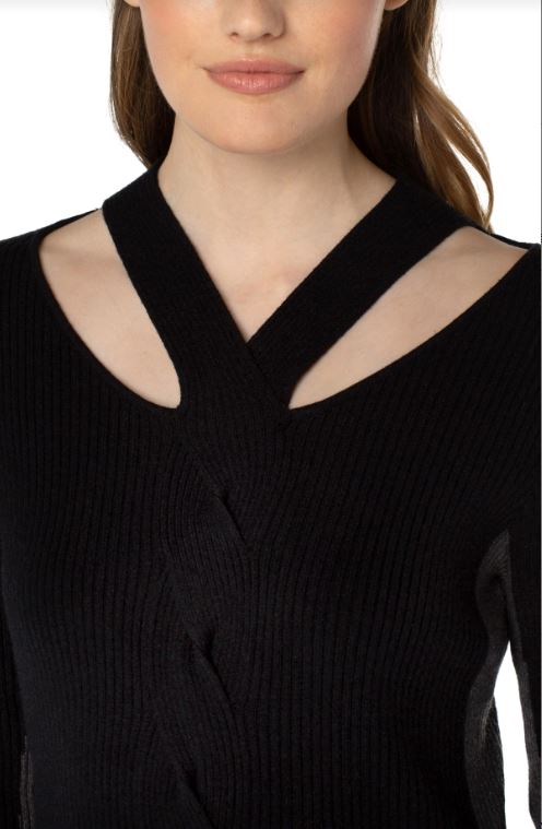 long sleeve cable twist neck wrap sweater | charcoal