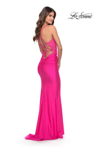 La Femme 31365 Open Lace Up Back Long Gown with Lace Side Detail