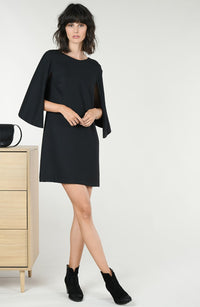 Scoop-Neck Black Shift Dress With Attached Back Cape